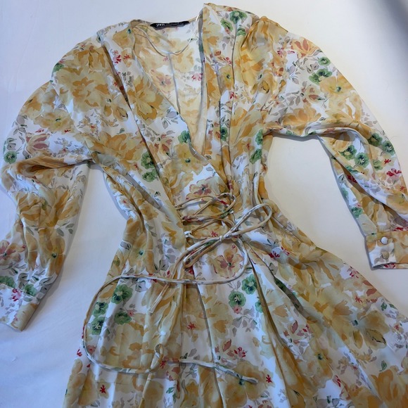 Zara Yellow Floral Lace Up Corset Waist V-Neck Long Sleeve Dress Small